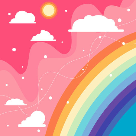 Rainbow with clouds and sun on pink background. Vector illustration.のイラスト素材