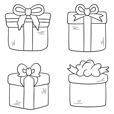Set of gift boxes with bows. Vector illustration in doodle style.のイラスト素材