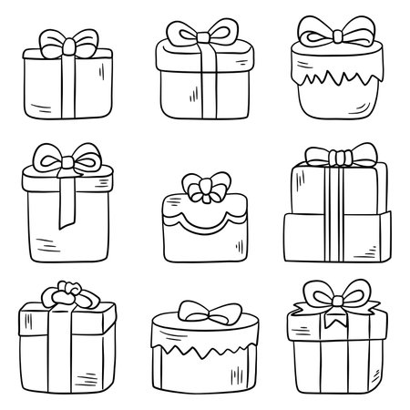 Gift boxes doodle set. Hand drawn vector illustration.のイラスト素材