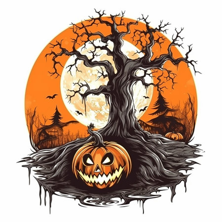 Halloween background with pumpkin, spooky tree and full moon. AI Generated illustrationの素材