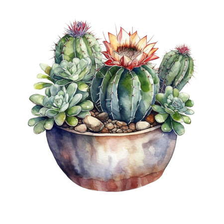 Watercolor cactus in a pot isolated on a white background. AI Generatedの素材