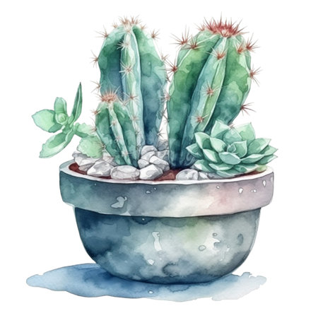 Watercolor cactus in a pot. Hand drawn illustration isolated on white background. AI Generatedの素材