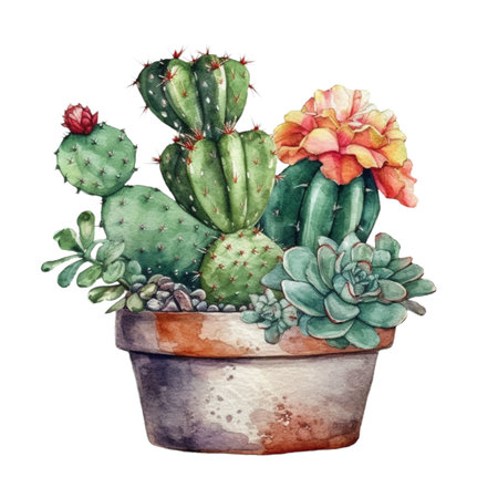 Watercolor cactuses in a pot. Hand drawn illustration. AI Generatedの素材