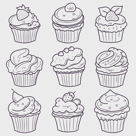 Set of hand drawn cupcakes. Vector illustration isolated on white background.のイラスト素材