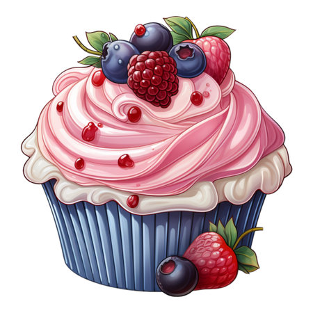 illustration of a cupcake with berries on a white background.の素材