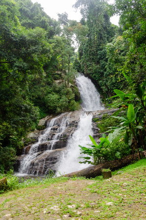 Tropical waterfall in rainforest, Doi Inthanon National Park, Chiang Mai, Thailandの写真素材