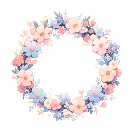 Cute floral wreath with hand drawn flowers.illustration.の素材