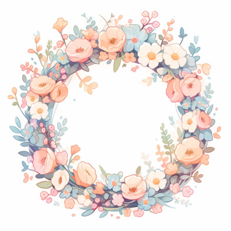 Floral wreath with pink and blue flowers. illustration.の素材