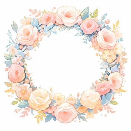 Beautiful floral wreath with roses and leaves. illustration.の素材