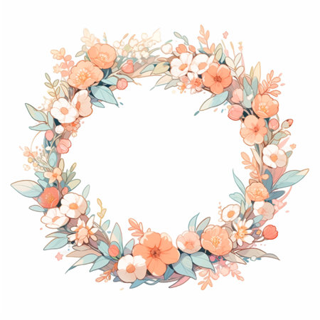 Floral wreath with pink and blue flowers, illustration.の素材