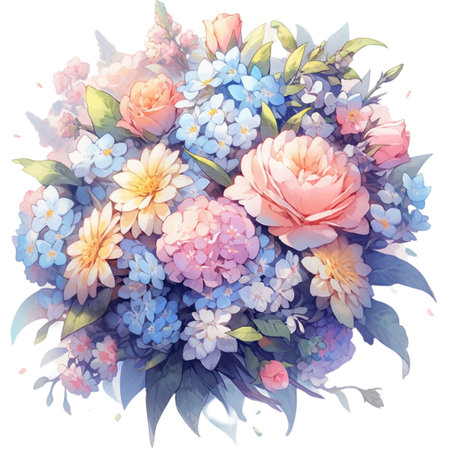 Beautiful bouquet of hydrangea and roses, watercolor illustrationの素材