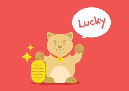 lucky catis standing with golden coin and say lucky.のイラスト素材