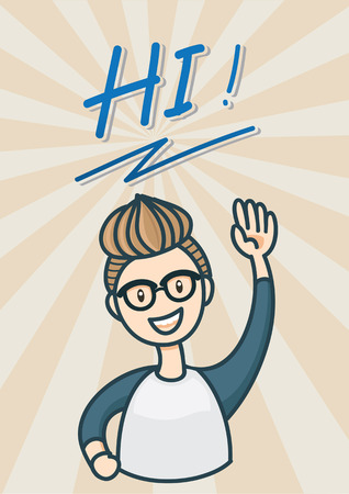 boy glasses say hi with push his hand up.のイラスト素材