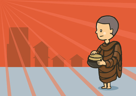 monk hold bowl food in early morning for seek food in communityのイラスト素材