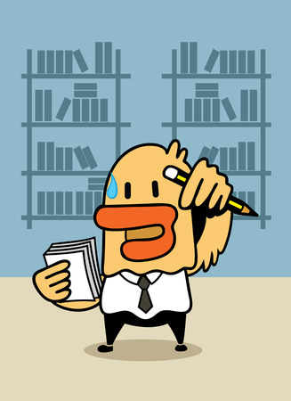duck with pen and notebook search data with book shelve behind.のイラスト素材