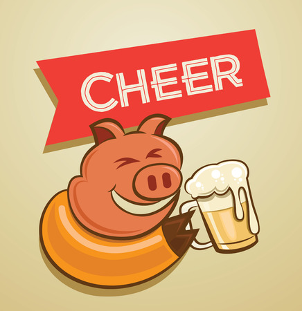 pig drink a mug of bee rwith cheer templateのイラスト素材