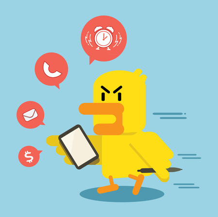 duck busy run with mobile tablet in hand in businessのイラスト素材