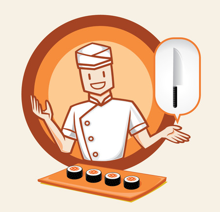 japanese chef character with sushi smile and open hand show knifeのイラスト素材