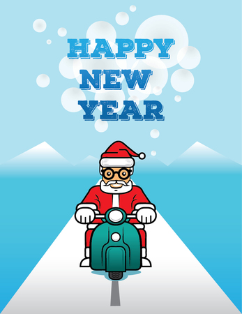 Santa drive scooter and say  happy new year with winter backgroundのイラスト素材