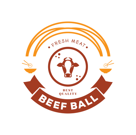 fresh beef ball logo with cow illustration ,noodle,chopstick  and bowl and ribbon minimal style.のイラスト素材