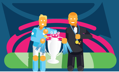 Blue team soccer player and coach celebrate with champion trophy and golden coin vector illustrationのイラスト素材