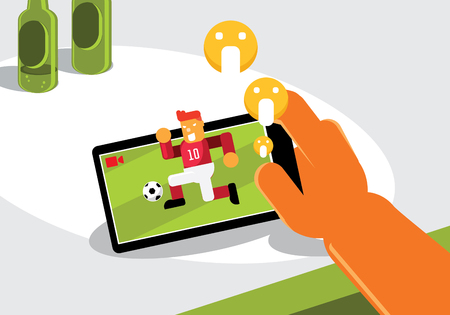 right hand hold black mobile live broadcasting soccer game on screen with emoticon vector illustrationのイラスト素材