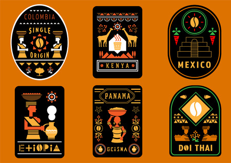 coffee label design from best single origin in the world with geometric illustration of Colombia,Kenya,Mexico,Ethiopia,Panama and Thailand.のイラスト素材