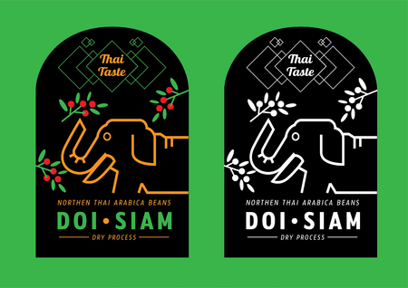 Thai taste mountain coffee label design call "Doi Siam" with elephant eat fresh coffee fruitのイラスト素材