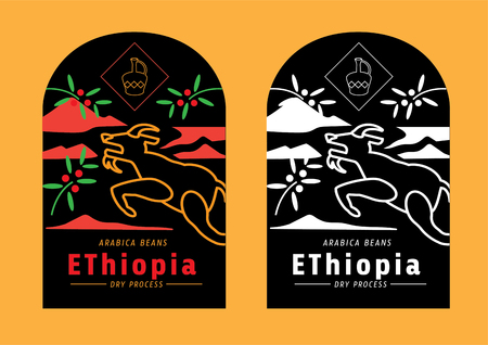 color Ethiopia coffee beans label with goat jumping vector illustrationのイラスト素材