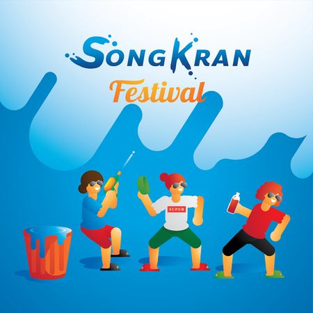 teen group dancing in Songkran festival vector illustration backgroundのイラスト素材