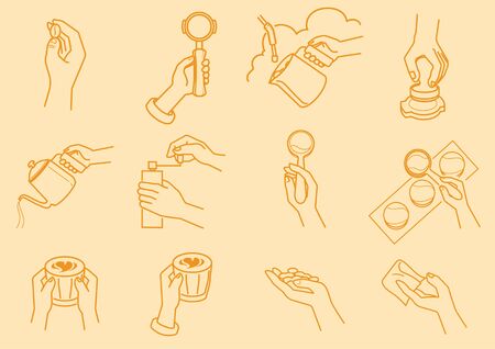 coffee making with hand illustration with grinding coffee beans,cuppping taste,tamping,milk...