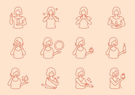 short hair woman with facial care illustration beauty act with,cream,fruits and use method.のイラスト素材