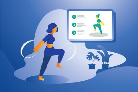 short hair woman learn yoga online course at home vector illustrationのイラスト素材