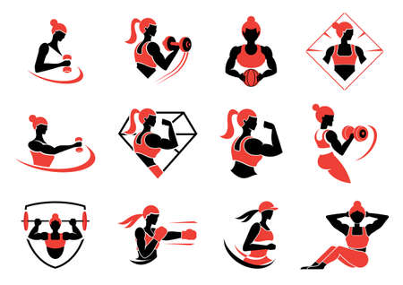 strong beauty woman in many pose with fitness element graphic.のイラスト素材