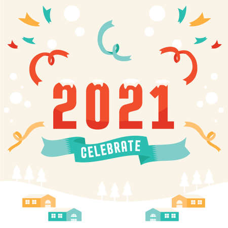 flat style winter and snow field 2021 celebrate background designのイラスト素材