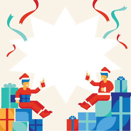 santa claus drinking celebrate with many gift boxes flat stlye background designのイラスト素材