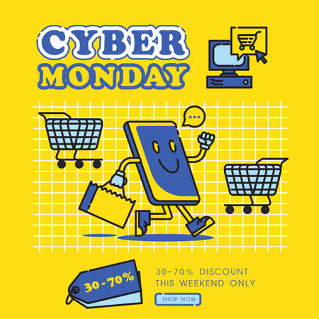 cyber monday with mobile phone cartoon shopping and holding shopping bag vector illustration.のイラスト素材