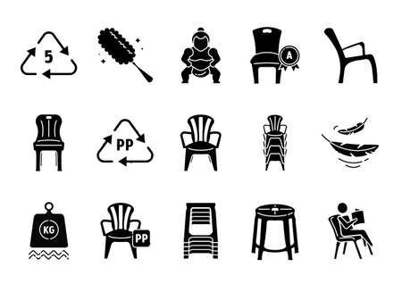 plastic chairs glyph icon set with benefits such as good quality, easy to clean, tough, stackable and relaxingのイラスト素材