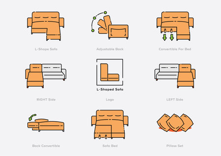 L shape smart sofa icon set with smart function convertible for bed vector illustration design in flat design.のイラスト素材
