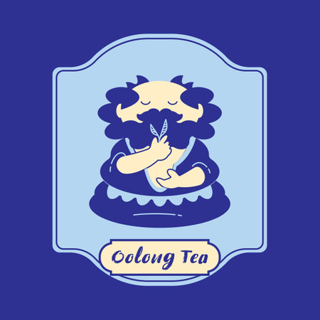 Oolong tea label with Bodhidharma meditation cartoon.のイラスト素材