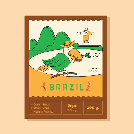 Brazil coffee label with toucan eat coffee fruits on bay with mountain and jesus statue.のイラスト素材