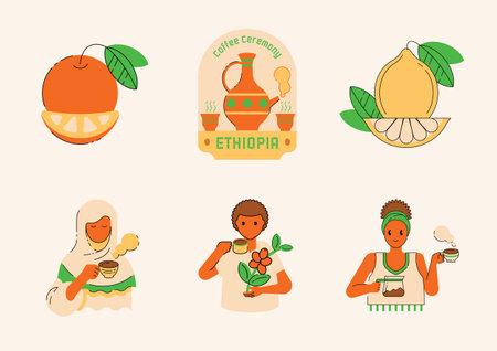 Ethiopia Coffee culture illustration with fruity taste note orange and lemon fruit.のイラスト素材