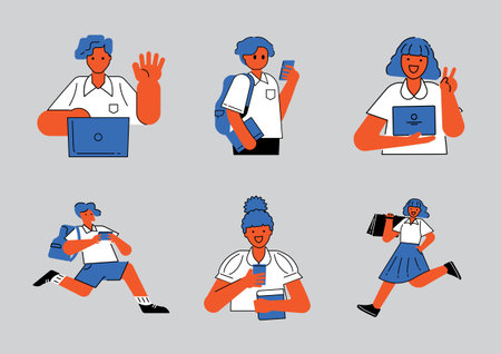 student back to school illustration set with teen boy and girl in uniform with bag, chat, laptop and chat with mobile phoneのイラスト素材