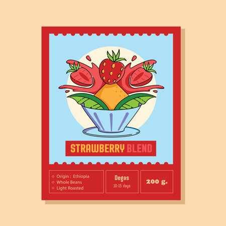 fruity blend coffee label strawberry fruits splashing on coffee dripper represent fruity taste note coffee.のイラスト素材