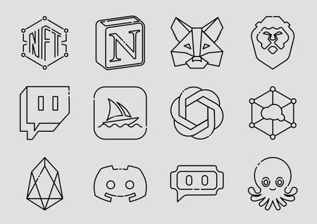web 3.0 application line icon design with internet technology for NFT arts, data management, AI generate picture and socail platform icon and logo.のイラスト素材