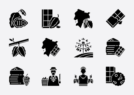 Ecuador cocoa origin glyph icon design with Ecuador map,cocoa fruits,tree,beans and harvest with hand picks.のイラスト素材
