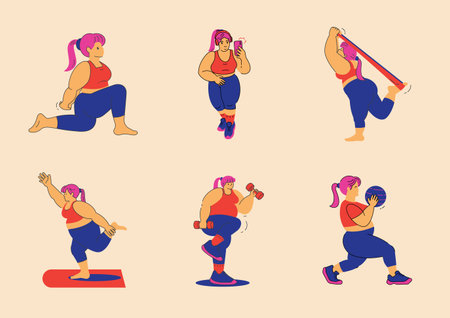 plus size women workout illustrations in many postures
such stretching, yoga , using rubber strip, using medicine ball, selfies in a gym and dumbbell weighting drawing in flat vector illustration.のイラスト素材