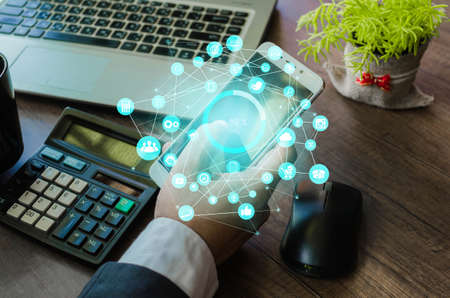 close up business man using smart phone. icon web