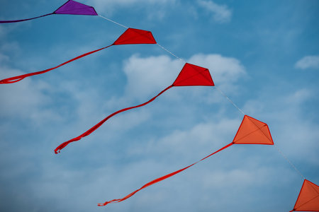 Vibrant kites soar joyfully against a serene blue sky, their tails fluttering with delight. This cheerful scene captures the fun and freedom of playful outdoor activities.の写真素材
