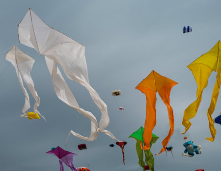 Colourful kites dancing against a cloudy sky, bursting with joy and freedom in the open air. This lively scene captures the fun and excitement of playful outdoor activities and the magic of kites.の写真素材